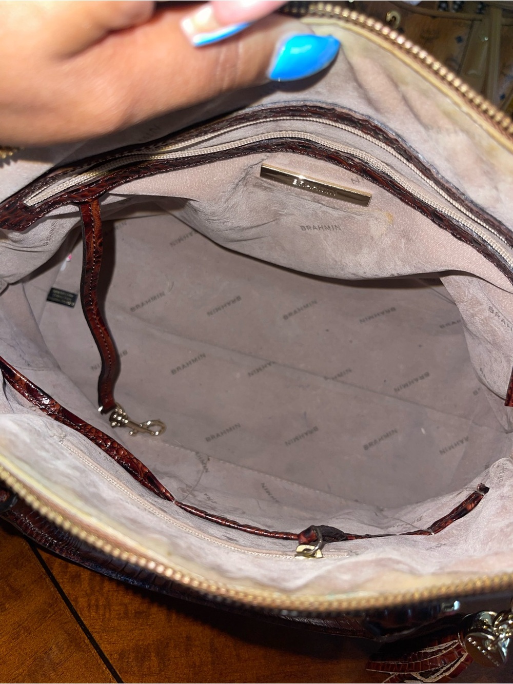Brahmin Croc-Embossed Satchel in Deep Cognac Brown - Picture 5 of 5